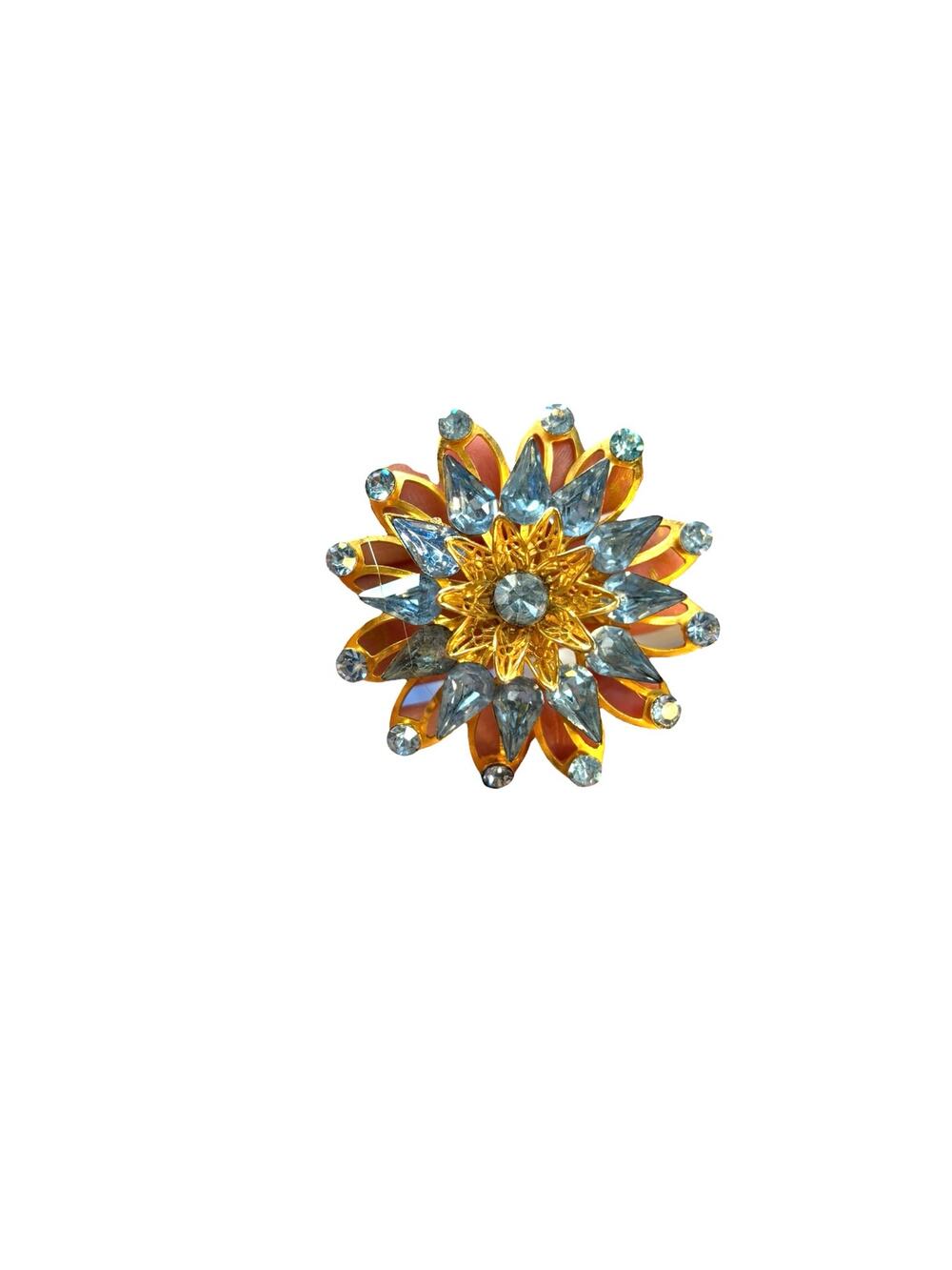Vintage Blue Rhinestone Enamel Flower Brooch Gold Tone Layered Statement MCM